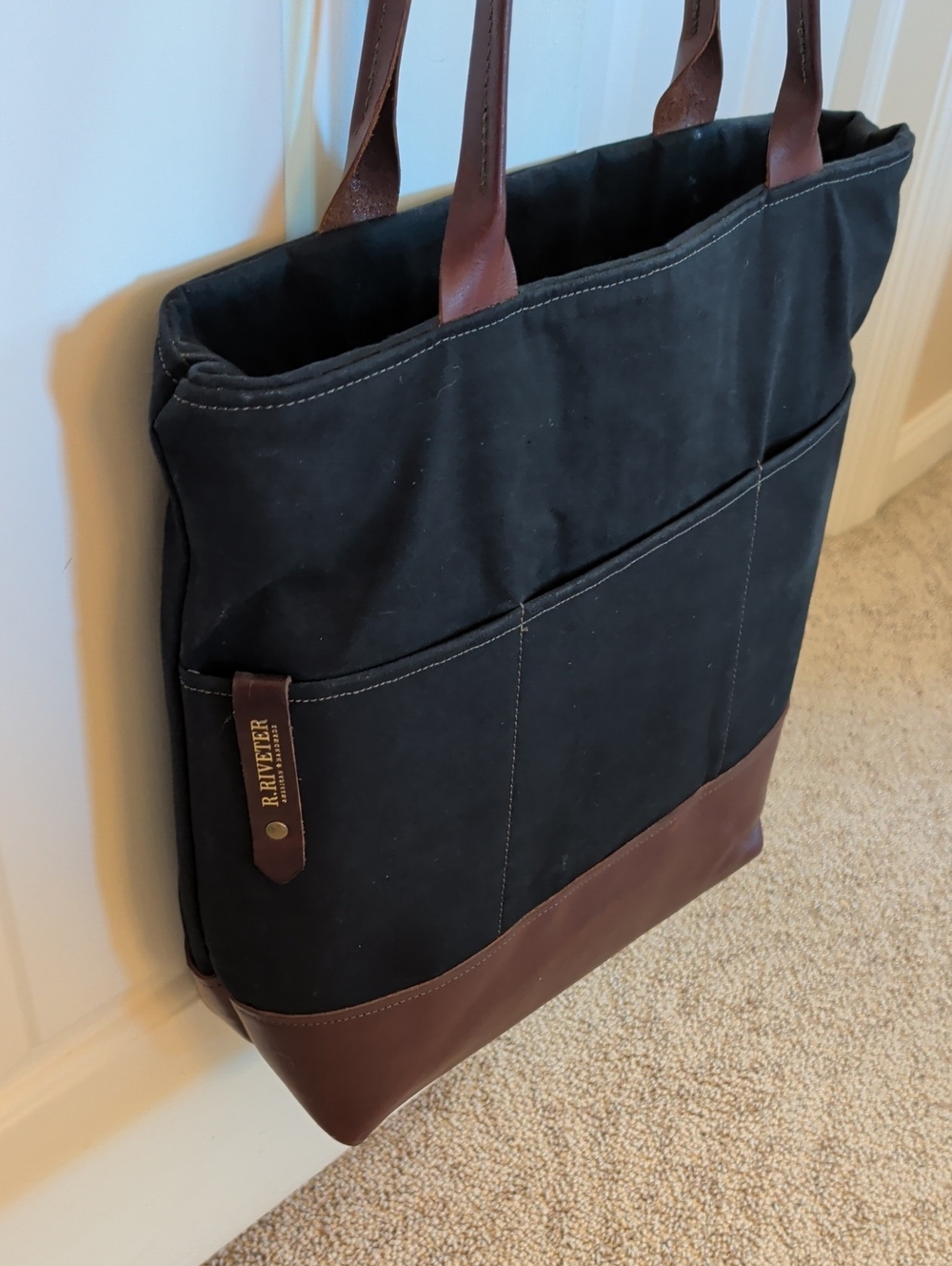 R. Reveter Black Canvas & Brown Leather Tote Bag